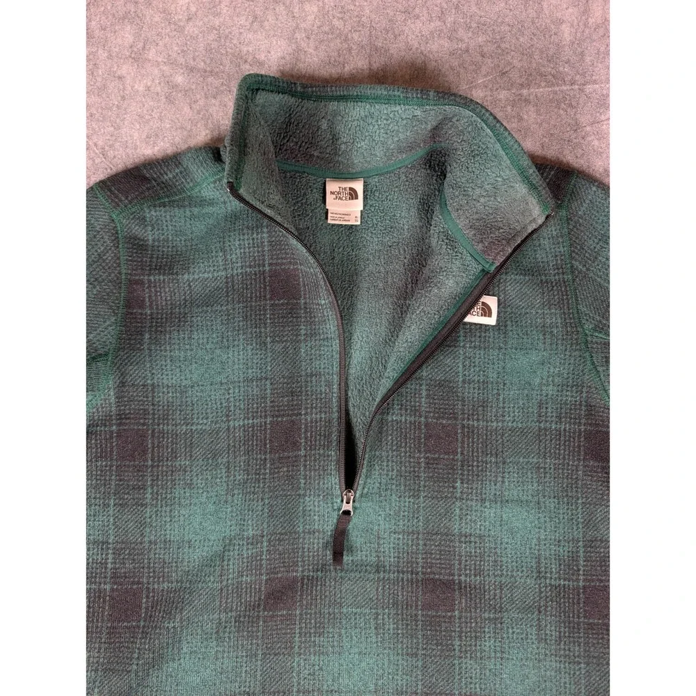 The North Face Mens Green Black Plaid Fleece Quarter Zip Pullover XL